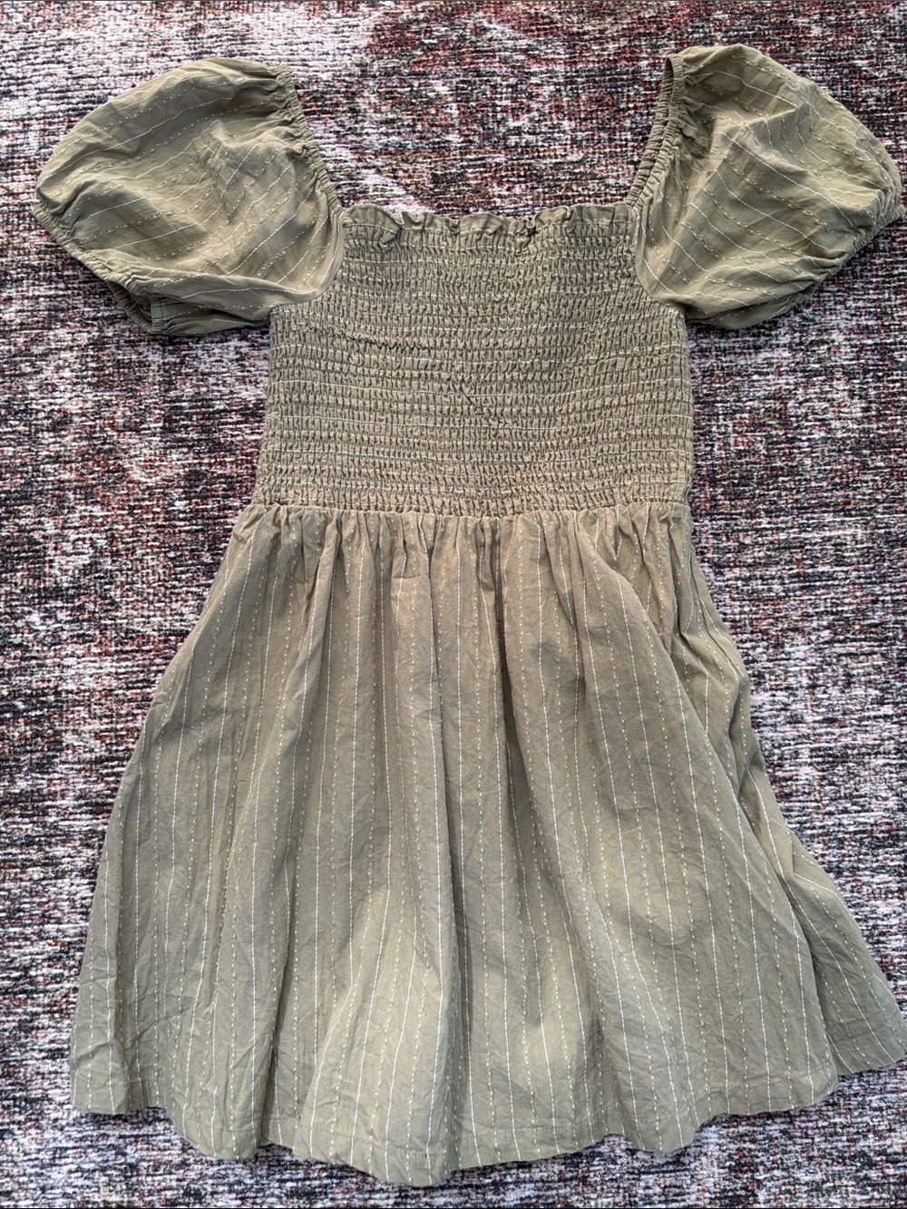 Olive Puff-Sleeve Smocked Dress
